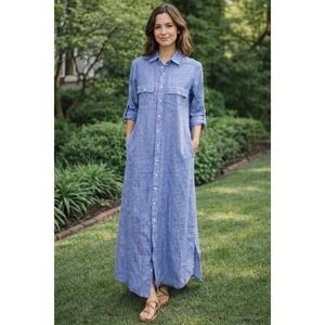 Emily Phillips Nashville USA Linen Maxi Shirt Dress - Size 2 - Blue Made in USA